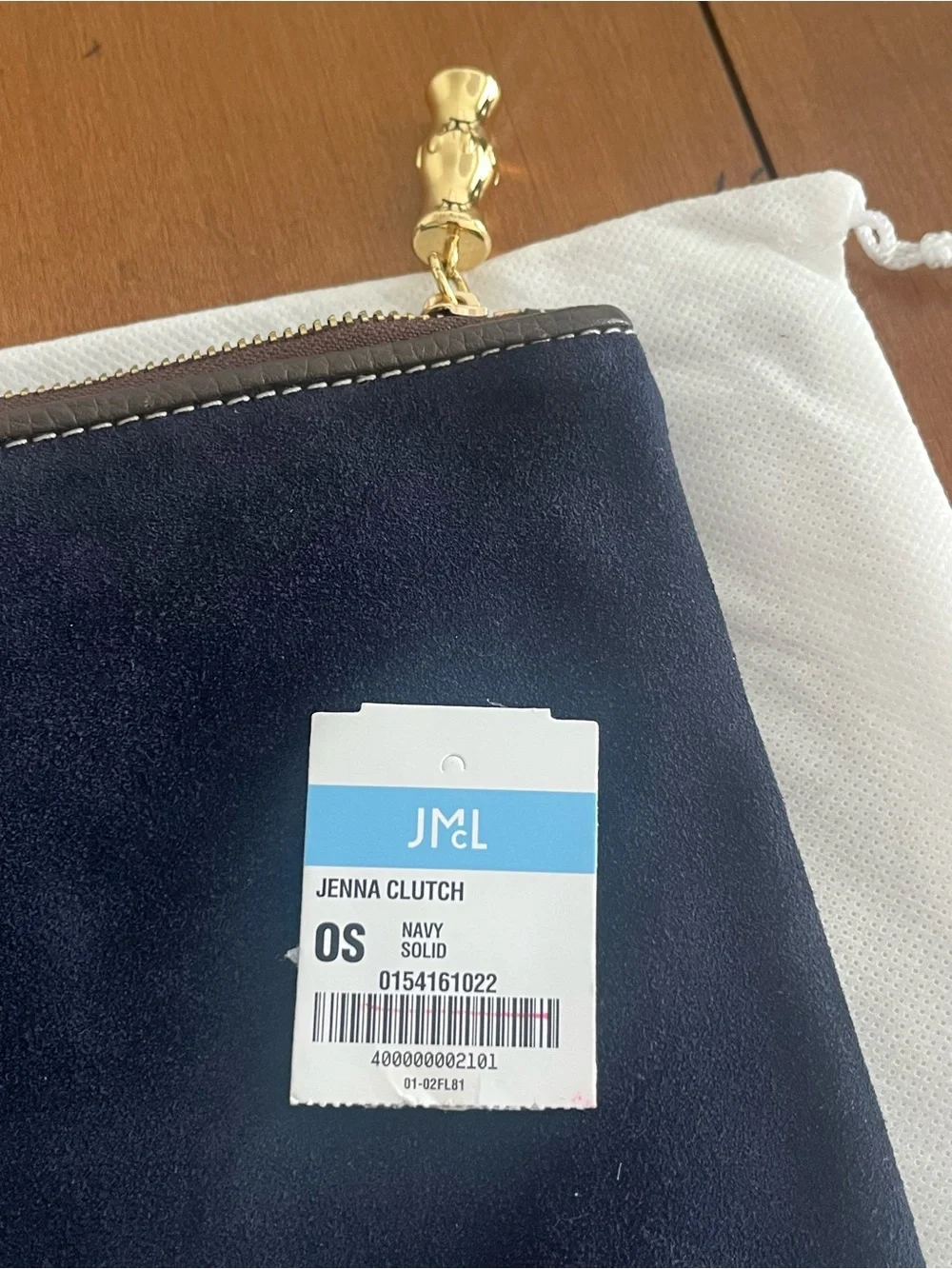J. McLaughlin Jenna Navy Blue Suede Zip Clutch with Gold Hardware